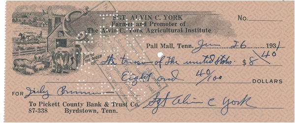 Lot 406 Sgt. Alvin C. York Check
