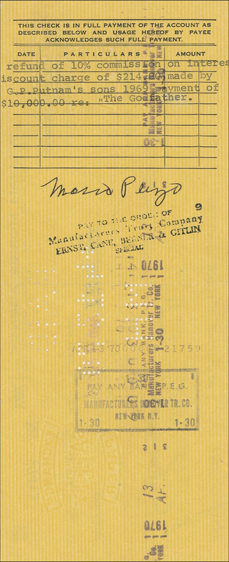Lot 613 Mario Puzo: He couldn’t refuse: PUZO signs a Godfather refund check