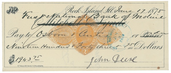 Lot 189 John Deere: Farm aid: Tractor tycoon JOHN DEERE signs a check