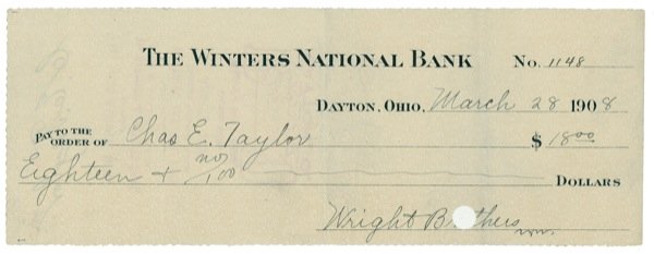 Lot 535 Wilbur Wright: THIRD WING: WILBUR pays the man who built the engine for the WRIGHT BROTHERS? historic 1903 flight