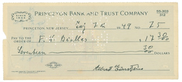 Lot 204 Albert Einstein: Fully signed check from his 70th year