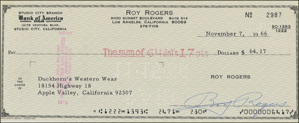 Lot 1174 Roy Rogers Check
