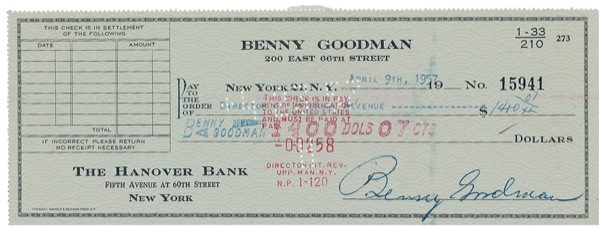 Lot 780 Benny Goodman Check