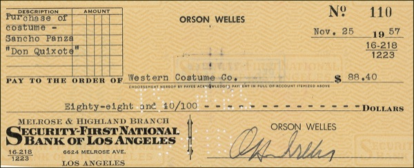 Lot 1233 Orson Welles: TILTING AT WINDMILLS: WELLES writes a check for the never-completed Don Quixote adaptation that became a lifelong obsession