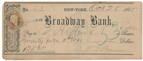 Lot 147 P. T. Barnum Check
