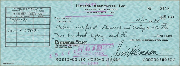 Lot 1058 Jim Henson Check