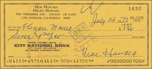 Lot 1220 Three Stooges: Howard, Moe Check
