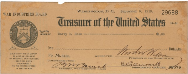 Lot 142 Woodrow Wilson: Signing a check as president ?in acknowledgement of patriotic and valuable services given ... in time of war?