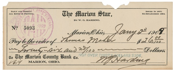 Lot 54 Warren G. Harding Check