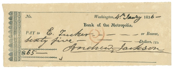Lot 62 Andrew Jackson: Handwritten check as president