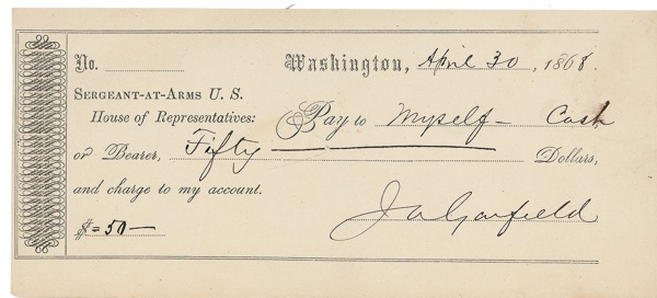 Lot 49 James A. Garfield: Capitol cash: GARFIELD pays himself as congressman