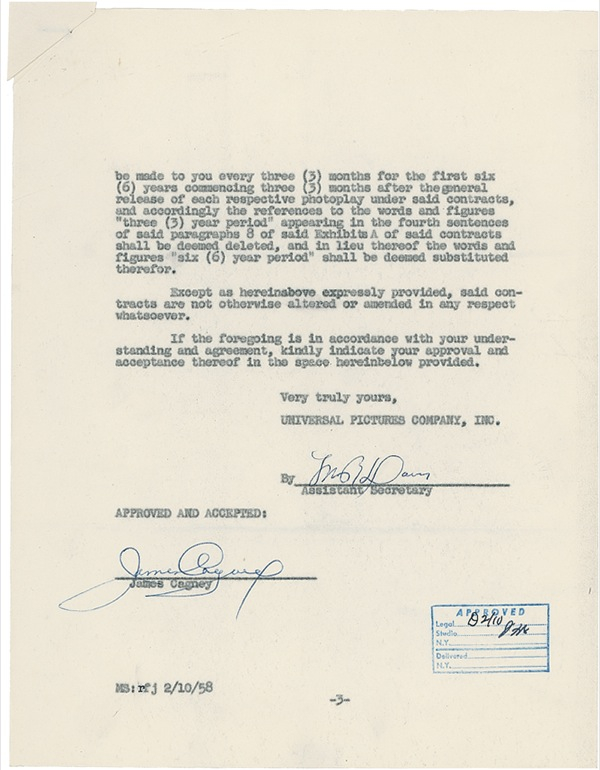 Lot 958 James Cagney Signed Document