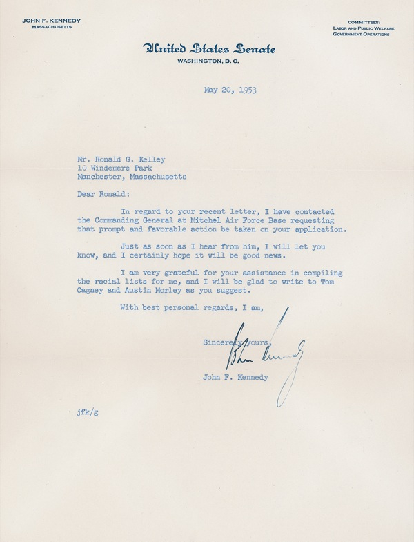 Lot 73 John F. Kennedy: ?Grateful for your assistance in compiling the racial lists?