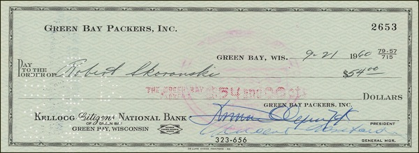 Lot 1418 Vince Lombardi Check