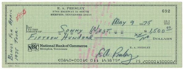 Lot 836 Elvis Presley: TAKIN’ CARE OF BODYGUARDS: ELVIS cuts a bonus check to original MEMPHIS MAFIA member SONNY WEST