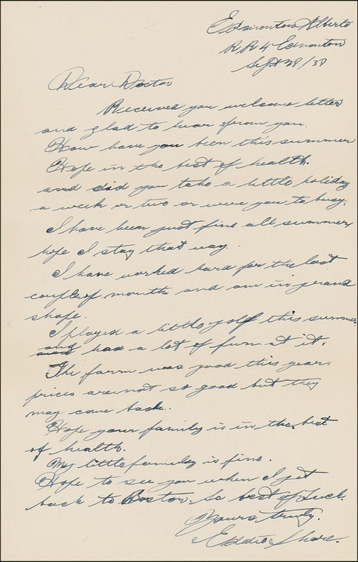 Lot 1517 Eddie Shore Handwritten Letter Signed