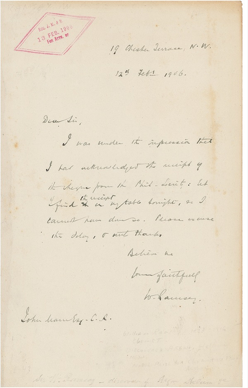 Lot 283 William Ramsay: British chemist (1852?1916) who discovered the noble gases and who won the 1904 Nobel Prize in Chemistry.