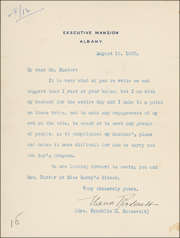 Lot 107 Eleanor Roosevelt: Eleanor keeps her schedule clear, ?as it complicates my husband?s plans and makes it more difficult for him to carry out the day?s program.?