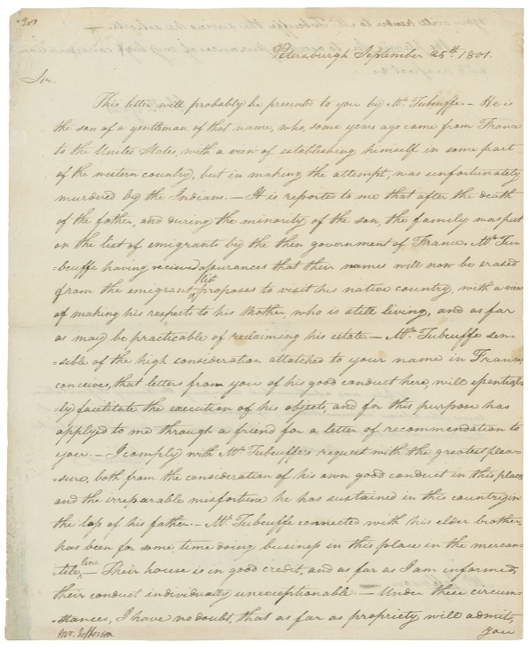 Lot 65 Thomas Jefferson: Jefferson uses his influence and “high consideration” to aid an expatriate exiled by France’s Revolutionary government