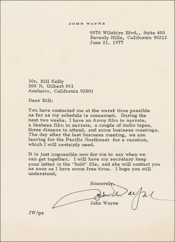 Lot 1230 John Wayne: INTO THE SUNSET: WAYNE writes to his final interviewer: ?I have an Army film to narrate, a Seabees film to narrate?
