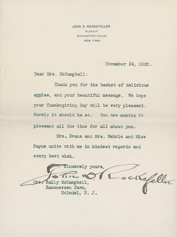 Lot 286 John D. Rockefeller: Fruitful: ?Thank you for the basket of delicious apples?