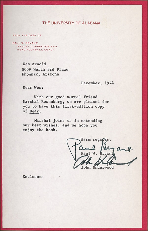 Lot 1331 Paul “Bear” Bryant Typed Letter Signed