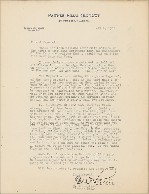 Lot 250 Gordon W. ?Pawnee Bill? Lillie: Seeking a collaboration with Ken Maynard: ?The management of the [World?s] Fair are anxious that I should put on a big Wild West show for them?