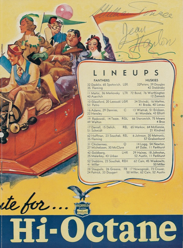 Lot 1050 Jean Harlow: Platinum pigskin: HARLOW and POWELL sign at the 1937 Rose Bowl