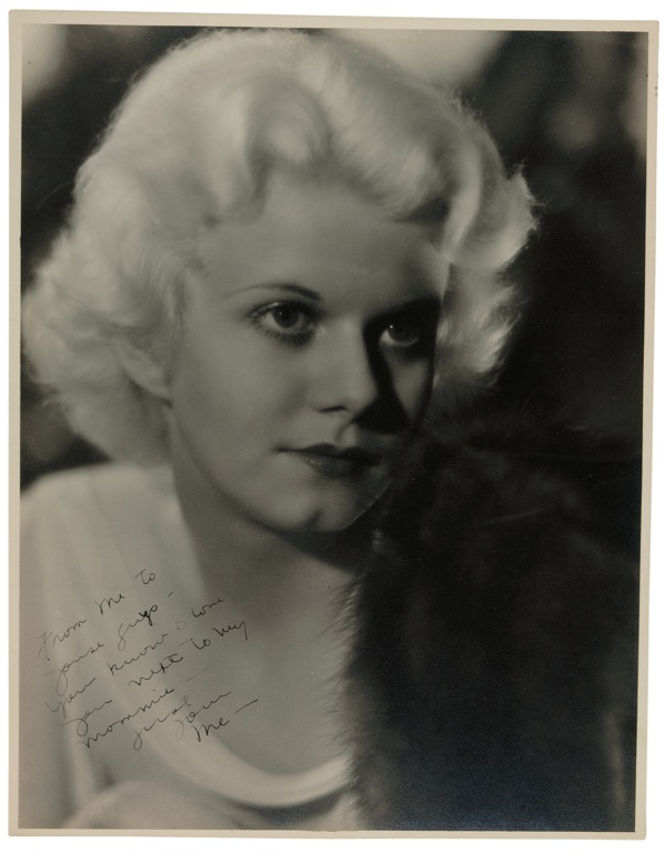 Lot 1049 Jean Harlow: ?FROM ME TO YOUSE GUYS?: Stunning vintage oversized photo inscribed by JEAN HARLOW to close friends