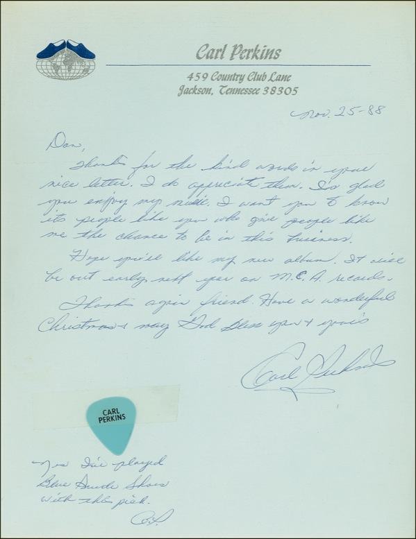 Lot 827 Carl Perkins: With a “played” “Blue Suede Shoes” pick