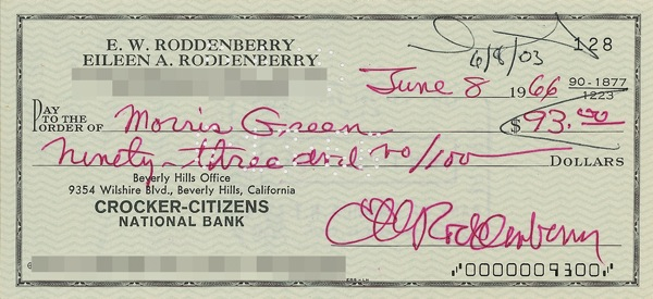 Lot 1194 Star Trek: Gene Roddenberry Check