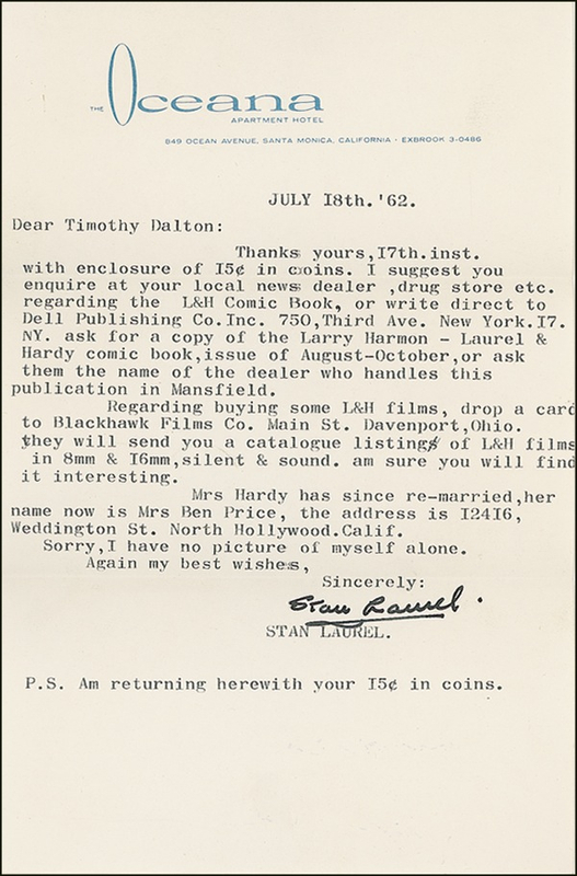Lot 1102 Stan Laurel: On the Laurel & Hardy comic book and “buying some L&H films”