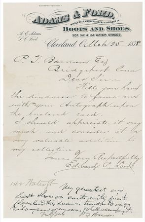 Lot #929 P. T. Barnum: “MY GREATEST AND BEST SHOW ON EARTH”: Barnum sends news of an upcoming appearance to an early collector - Image 1