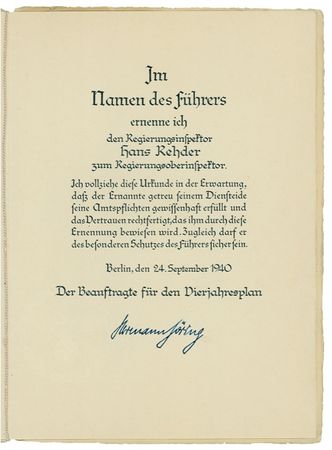 Lot #353 Hermann Göring: 1940 military promotion - Image 1