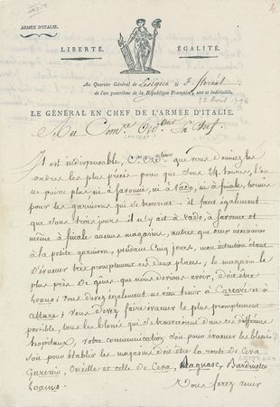 Lot #269 Napoleon: Stretching French resources during the invasion of Italy a month after his marriage to Josephine: ?It will not be possible to provide further aid? - Image 1