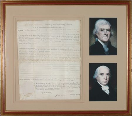 Lot #64 Thomas Jefferson and James Madison: REVOLUTIONARY REAL ESTATE: JEFFERSON and MADISON sign a land grant for a Revolutionary War officer who was captured at Charleston - Image 1