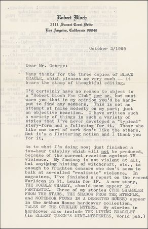 Lot #547 Robert Bloch: “My fantasy ... is enough to frighten censors who don’t seem to balk at so-called ‘realistic’ violence” - Image 1