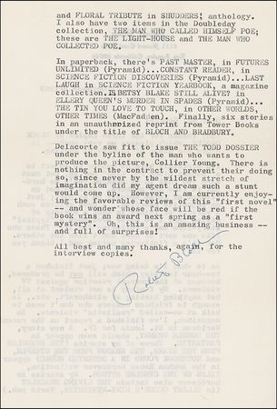 Lot #547 Robert Bloch: “My fantasy ... is enough to frighten censors who don’t seem to balk at so-called ‘realistic’ violence” - Image 2