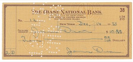 Lot #990 James Dean: DEAN’S GREEN: Rare thrice-signed check from screen legend JAMES DEAN - Image 1