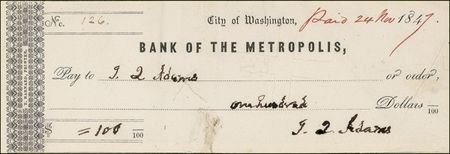 Lot #2 John Quincy Adams: Cashing in? ADAMS writes
