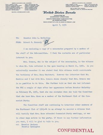 Lot #245 Robert F. Kennedy: McCarthyism and the ?Red Scare?: ?The Committee staff are continuing?an attempt to uncover a witness that will testify that Mrs. Moss attended Communist party meetings.? - Image 1