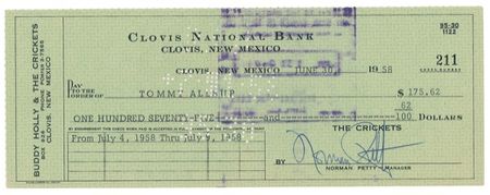 Lot #786 Buddy Holly and the Crickets: THAT’LL BE THE PAYDAY: Business checks endorsed by BUDDY HOLLY and the CRICKETS - Image 1