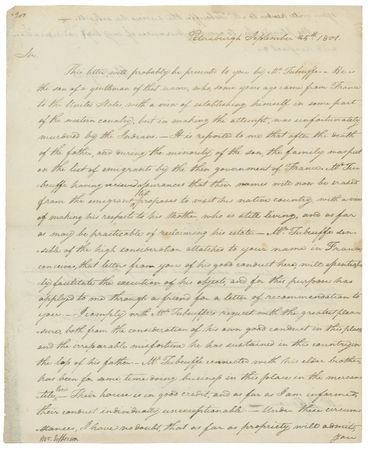 Lot #65 Thomas Jefferson: Jefferson uses his influence and “high consideration” to aid an expatriate exiled by France’s Revolutionary government - Image 1