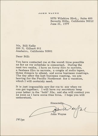 Lot #1230 John Wayne: INTO THE SUNSET: WAYNE writes to his final interviewer: ?I have an Army film to narrate, a Seabees film to narrate? - Image 1