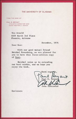 Lot #1331 Paul “Bear” Bryant Typed Letter Signed - Image 1