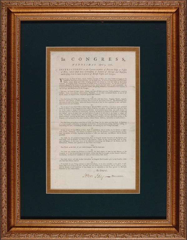 Lot 281 John Jay: HOT WATER: Three months before the signing of the Declaration of Independence, JOHN JAY issues an order for American vessels “to make Captures of British Vessels and Cargoes”