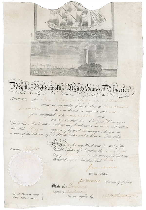 Lot 101 James Madison and James Monroe: Signing a ship?s papers months before the outbreak of the War of 1812