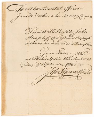 Lot #270 John Hancock: 1776: In the year he signed the Declaration of Independence, HANCOCK orders safe passage for a Continental Congressman and important supplier to the Army - Image 1