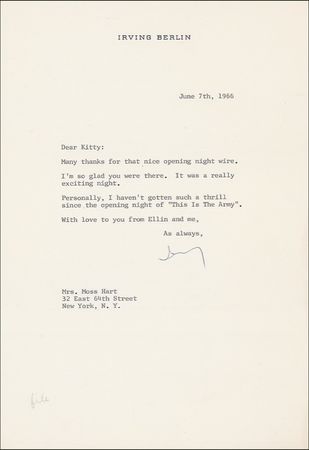 Lot #600 Irving Berlin: Writing to socialite Kitty Carlisle - Image 2