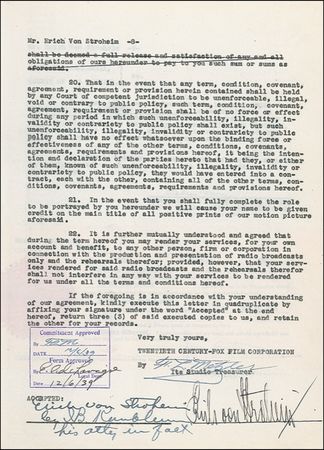 Lot #1121 Erich von Stroheim Signed Document - Image 1